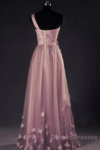 Dark Pink One Shoulder Flowers Tulle Bridesmaid Dress, A-Line Pink Prom Dress