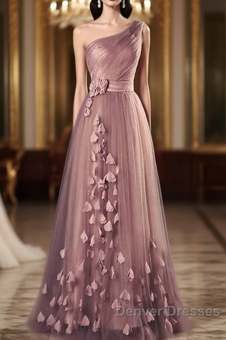 Dark Pink One Shoulder Flowers Tulle Bridesmaid Dress, A-Line Pink Prom Dress