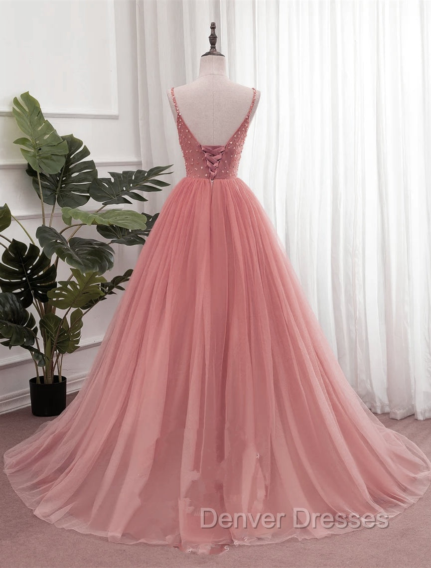 Dark Pink Sequins V-neckline Straps Long Evening Dress, Tulle Pink Prom Dress Secondary image