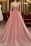 Dark Pink Sequins V-neckline Straps Long Evening Dress, Tulle Pink Prom Dress
