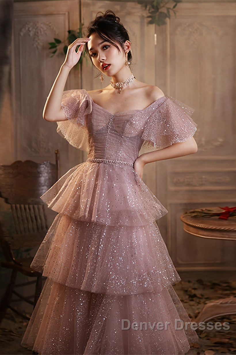 Dark Pink Shiny Tulle Short Sleeves Party Dress, Beaded Pink Tulle Prom Dress