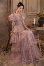 Dark Pink Shiny Tulle Short Sleeves Party Dress, Beaded Pink Tulle Prom Dress