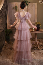 Dark Pink Shiny Tulle Short Sleeves Party Dress, Beaded Pink Tulle Prom Dress