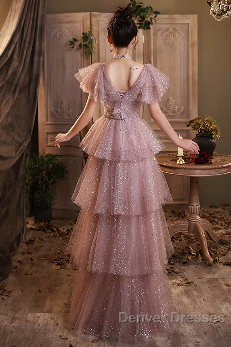 Dark Pink Shiny Tulle Short Sleeves Party Dress, Beaded Pink Tulle Prom Dress