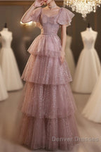 Dark Pink Shiny Tulle Short Sleeves Party Dress, Beaded Pink Tulle Prom Dress