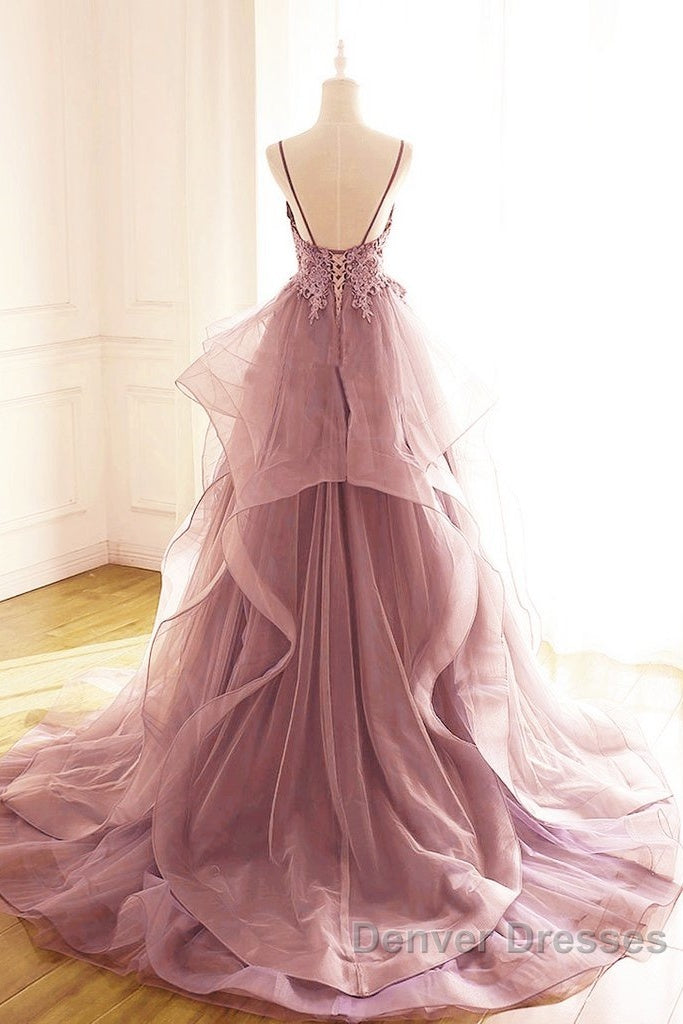 Dark Pink V-Neck Tulle Lace Prom Dress,Spaghetti Strap Prom Dress,Ruffle A Line Formal Dress