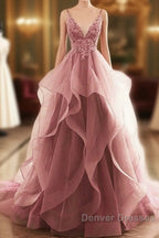 Dark Pink V-Neck Tulle Lace Prom Dress,Spaghetti Strap Prom Dress,Ruff   Denver Dresses