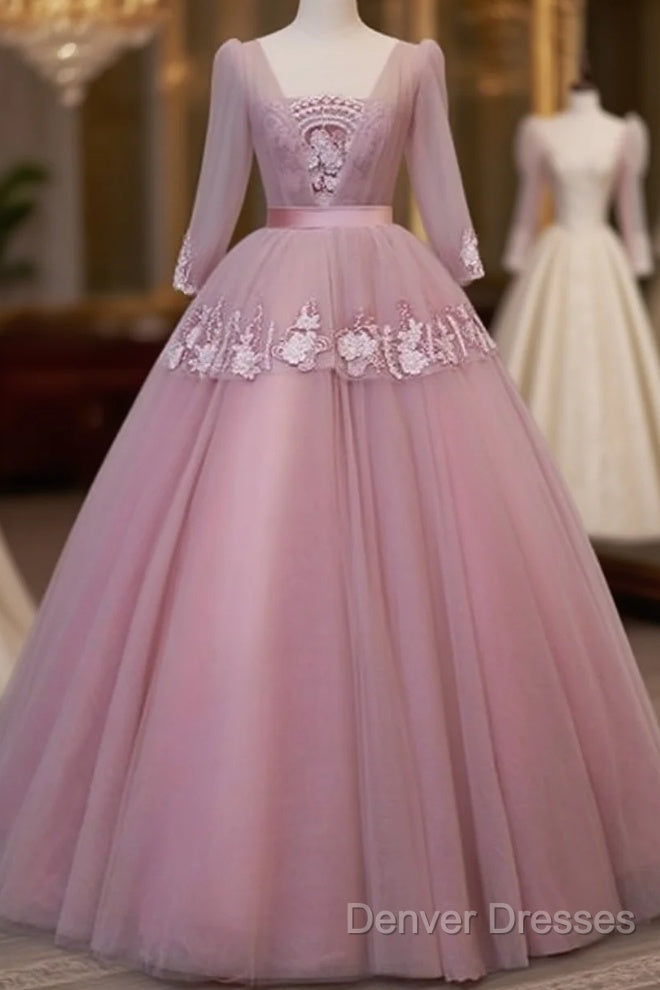 Dark Pink V-Neckline Ball Gown Lace Applique Sweet 16 Dress, Pink Prom Dress Party Dress Main image