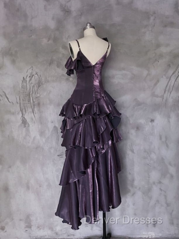 Dark Purple Asymmetrical Layered Flounce Spaghetti Strap Dress Evening Gown Secondary image