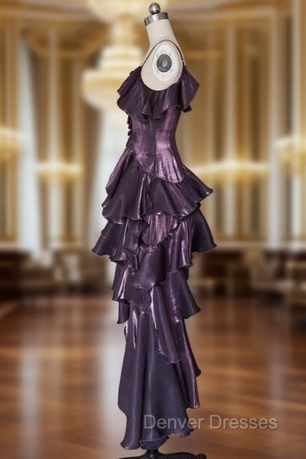 Dark Purple Asymmetrical Layered Flounce Spaghetti Strap Dress Evening Gown