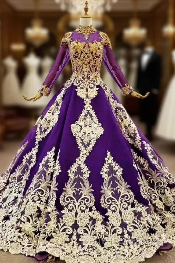 Dark Purple Ball Gown Tulle Long Sleeve High Neck Wedding Dress