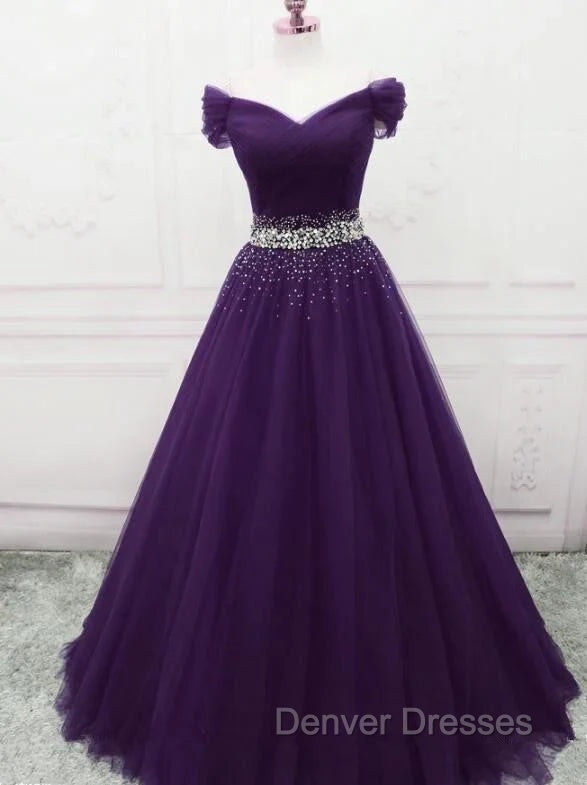 Dark Purple Beaded Tulle Off Shoulder Party Dress Purple Junior Prom Dress prom Dress shops