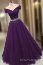 Dark Purple Beaded Tulle Off Shoulder Party Dress Purple Junior Prom Dress prom Dress shops
