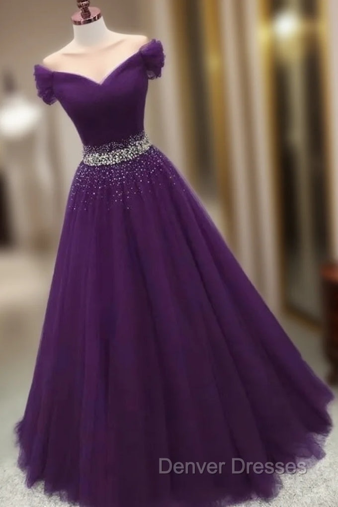 Dark Purple Beaded Tulle Off Shoulder Party Dress Purple Junior Prom Dress prom Dress shops