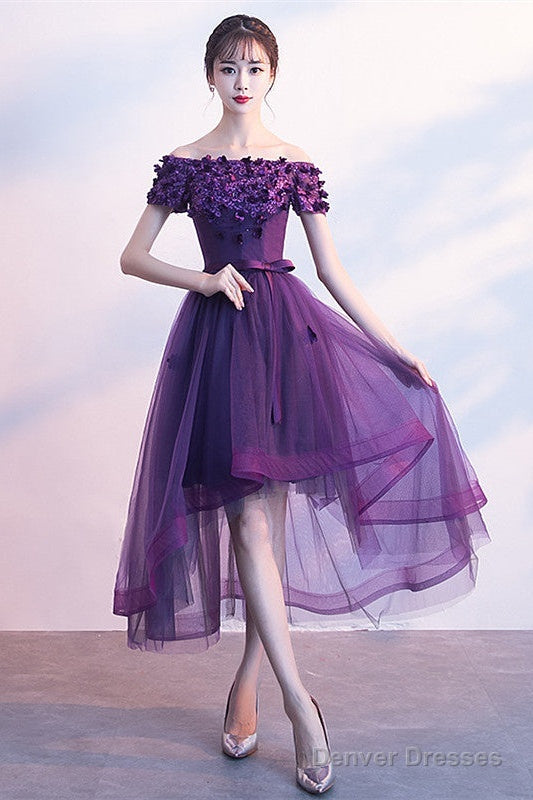 Dark Purple High Low Cute Off Shoulder Homecoming Dress , Lovely Formal Dress Main image