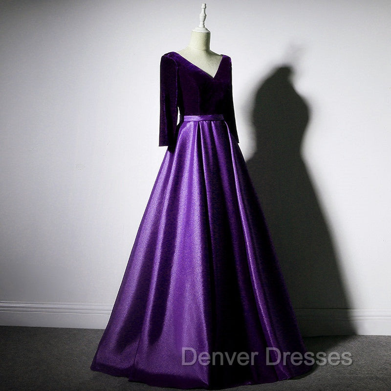 Dark Purple Long Sleeves V-neckline Velvet and satin Long Party Dress, Long Evening Dress Prom Dress Secondary image