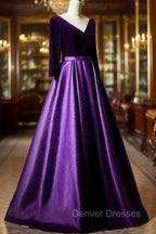 Dark Purple Long Sleeves V-neckline Velvet and satin Long Party Dress, Long Evening Dress Prom Dress