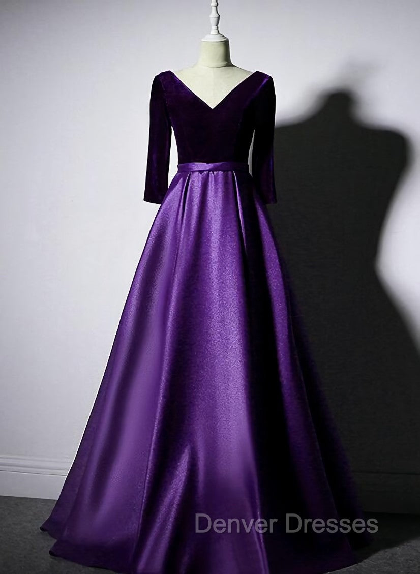 Dark Purple Long Sleeves V-neckline Velvet and satin Long Party Dress, Long Evening Dress Prom Dress