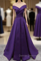 Dark Purple Off Shoulder Satin Long Formal Gown, Prom Dress