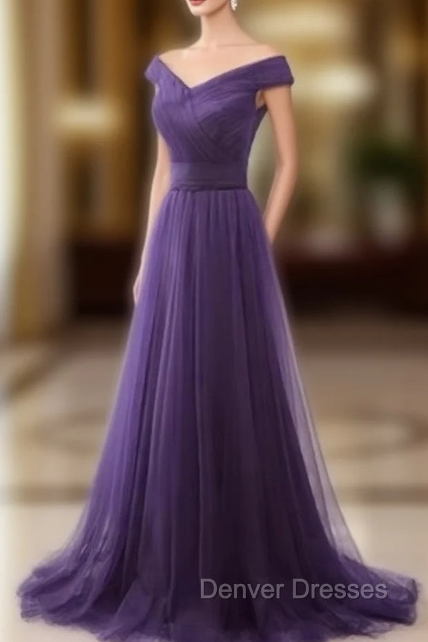 Dark Purple Sweetheart Tulle Off Shoulder Bridesmaid Dress, Long Prom Dress Main image