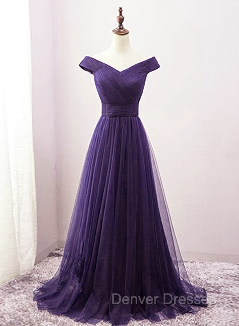 Dark Purple Sweetheart Tulle Off Shoulder Bridesmaid Dress, Long Prom Dress