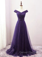 Dark Purple Sweetheart Tulle Off Shoulder Bridesmaid Dress, Long Prom Dress