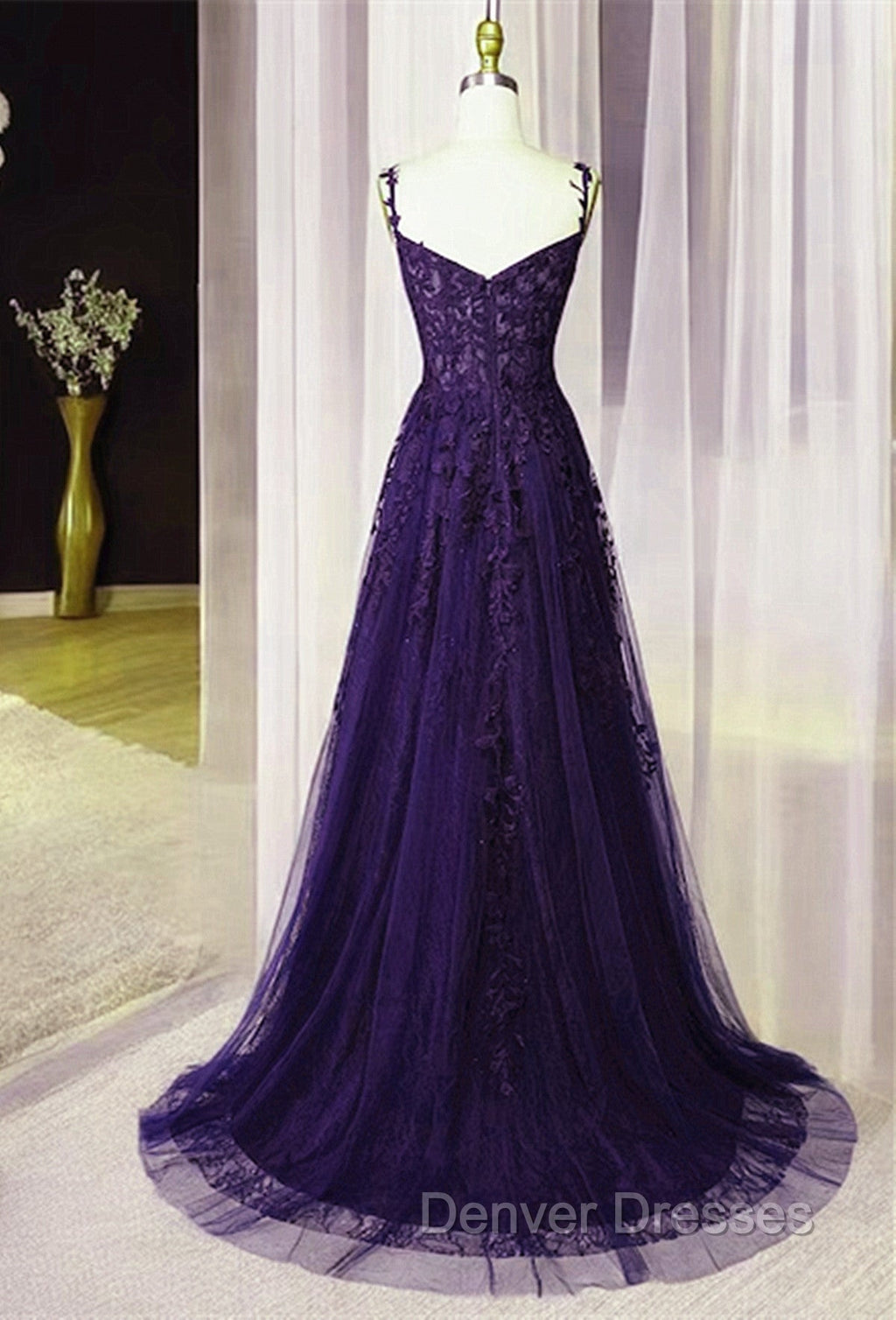 Dark Purple Sweetheart Tulle with Lace Straps Party Dress, Dark Purple Prom Dress