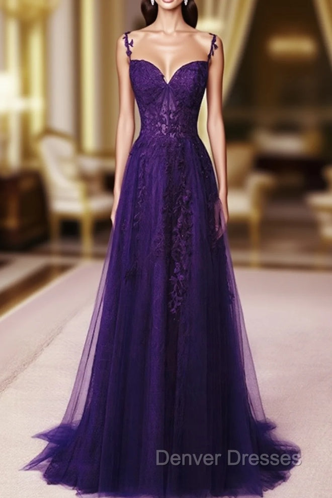 Dark Purple Sweetheart Tulle with Lace Straps Party Dress, Dark Purple Prom Dress
