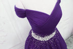 Dark Purple Tulle Beaded Off Shoulder Party Dress, Purple A-Line Prom Dress