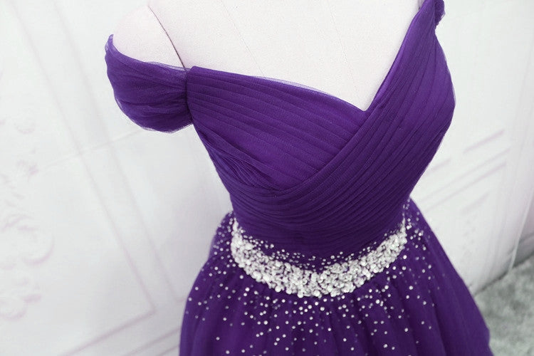 Dark Purple Tulle Beaded Off Shoulder Party Dress, Purple A-Line Prom Dress
