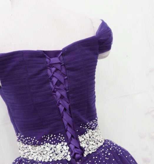 Dark Purple Tulle Beaded Off Shoulder Party Dress, Purple A-Line Prom Dress