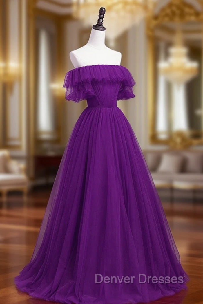 Dark Purple Tulle Off Shoulder Long Party Dress, A-line Purple Prom Dress Main image