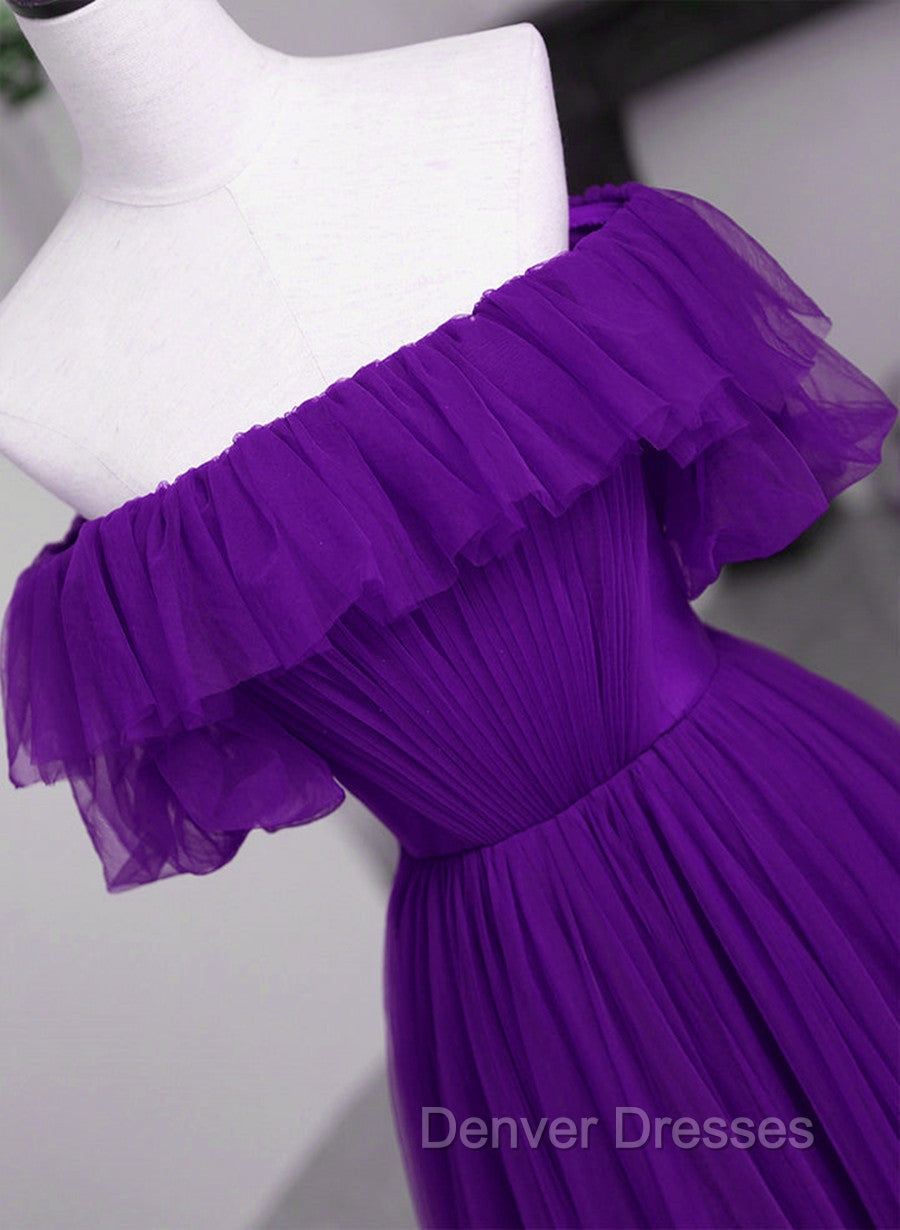Dark Purple Tulle Off Shoulder Long Party Dress, A-line Purple Prom Dress