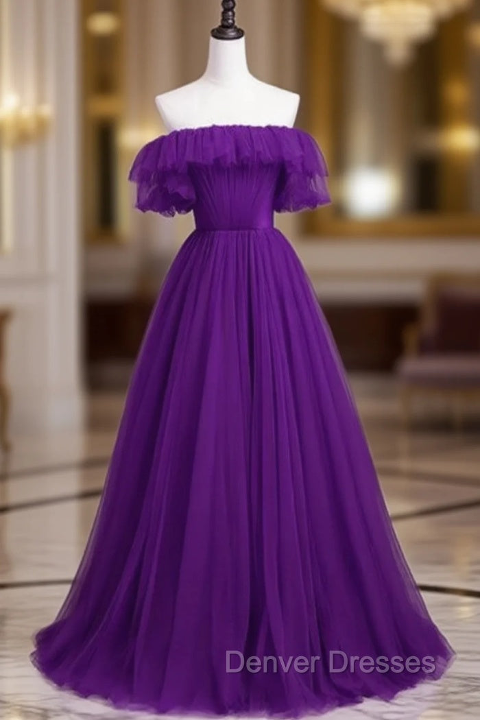 Dark Purple Tulle Off the Shoulder Pleats Prom Dress Main image