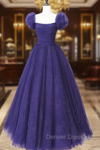 Dark Purple Tulle Scoop A-line Long Formal Dress, Dark Purple Evening Dress Prom Dress