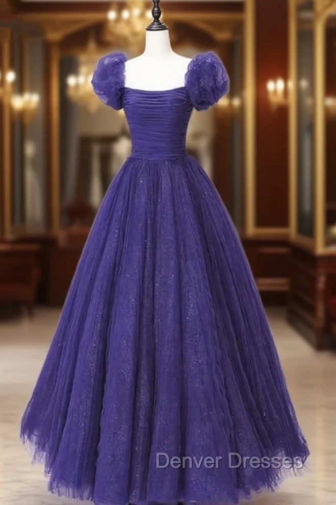 Dark Purple Tulle Sequins Puff Sleeve Pleats Prom Dress Main image