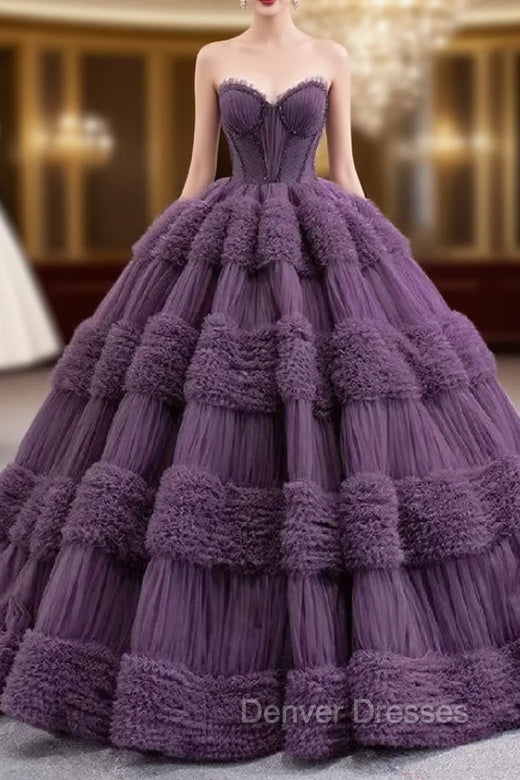 Dark Purple Tulle Sweetheart Pleats Beading Prom Dress Main image