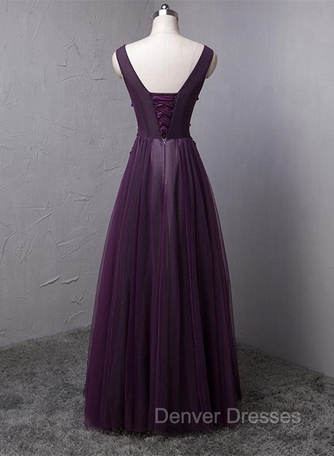 Dark Purple V-neckline Beaded Tulle Long Formal Dress, Purple Evening Dress Secondary image
