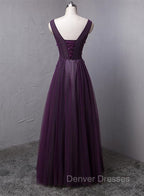 Dark Purple V-neckline Beaded Tulle Long Formal Dress, Purple Evening Dress