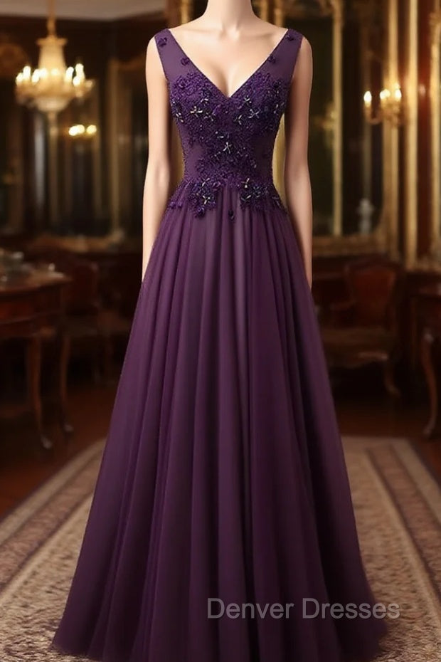 Dark Purple V-neckline Beaded Tulle Long Formal Dress Purple Evening Dress prom Dress shops Main image