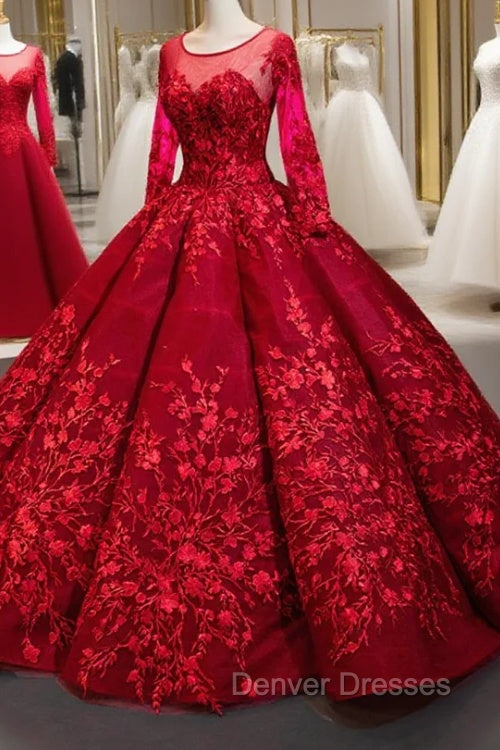 Dark Red Ball Gown Tulle Appliques Long Sleeve Backless Luxury Prom Dress