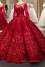 Dark Red Ball Gown Tulle Appliques Long Sleeve Backless Luxury Prom Dress