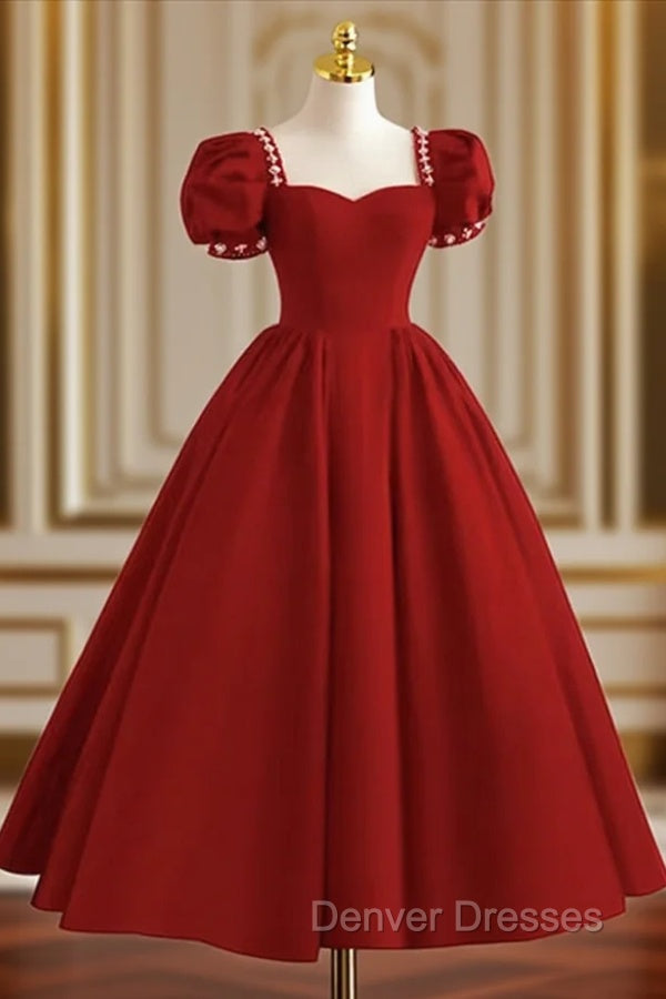 Dark Red Beaded Short Sleeves Tea Length Party Dress, Dark Red Formal Dress Prom Dress Main image
