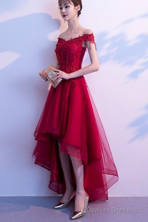 Dark Red High Low Dress, Beautiful Tulle And Lace Prom Dress, Formal Gown