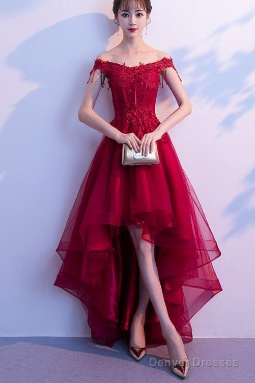 Dark Red High Low Dress, Beautiful Tulle And Lace Prom Dress, Formal Gown Main image