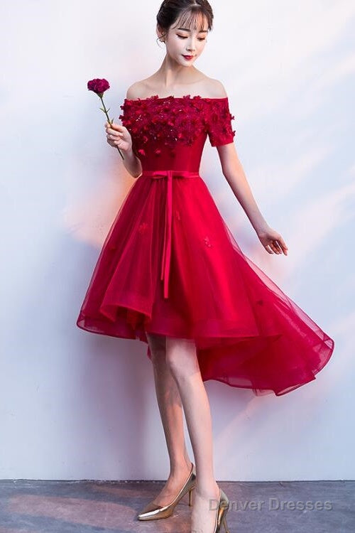 Dark Red High Low Flowers Homecoming Dress, Charming Prom Dress Main image