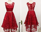 Dark Red High Low Lace Party Dress Homecoming Dress, Red Short Prom Dress