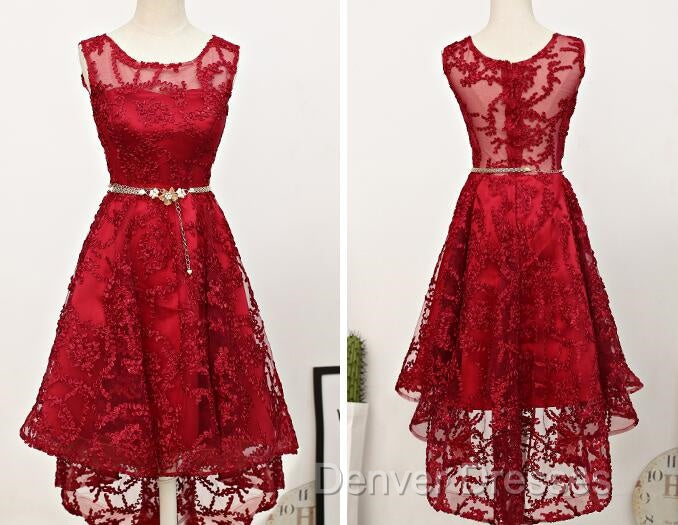 Dark Red High Low Lace Party Dress Homecoming Dress, Red Short Prom Dress