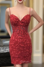 Dark Red Homecoming Dress, Corset Tight Short Mini Dress with Appliques