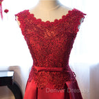Dark Red Lace Long Junior Prom Dress, Lace Top Party Dress